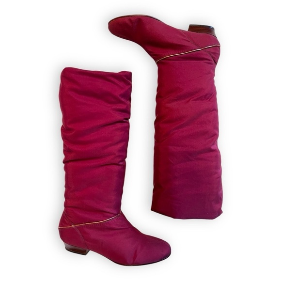 Vintage 1970's down filled maroon red knee high puffer boots pristine condition - Picture 1 of 10